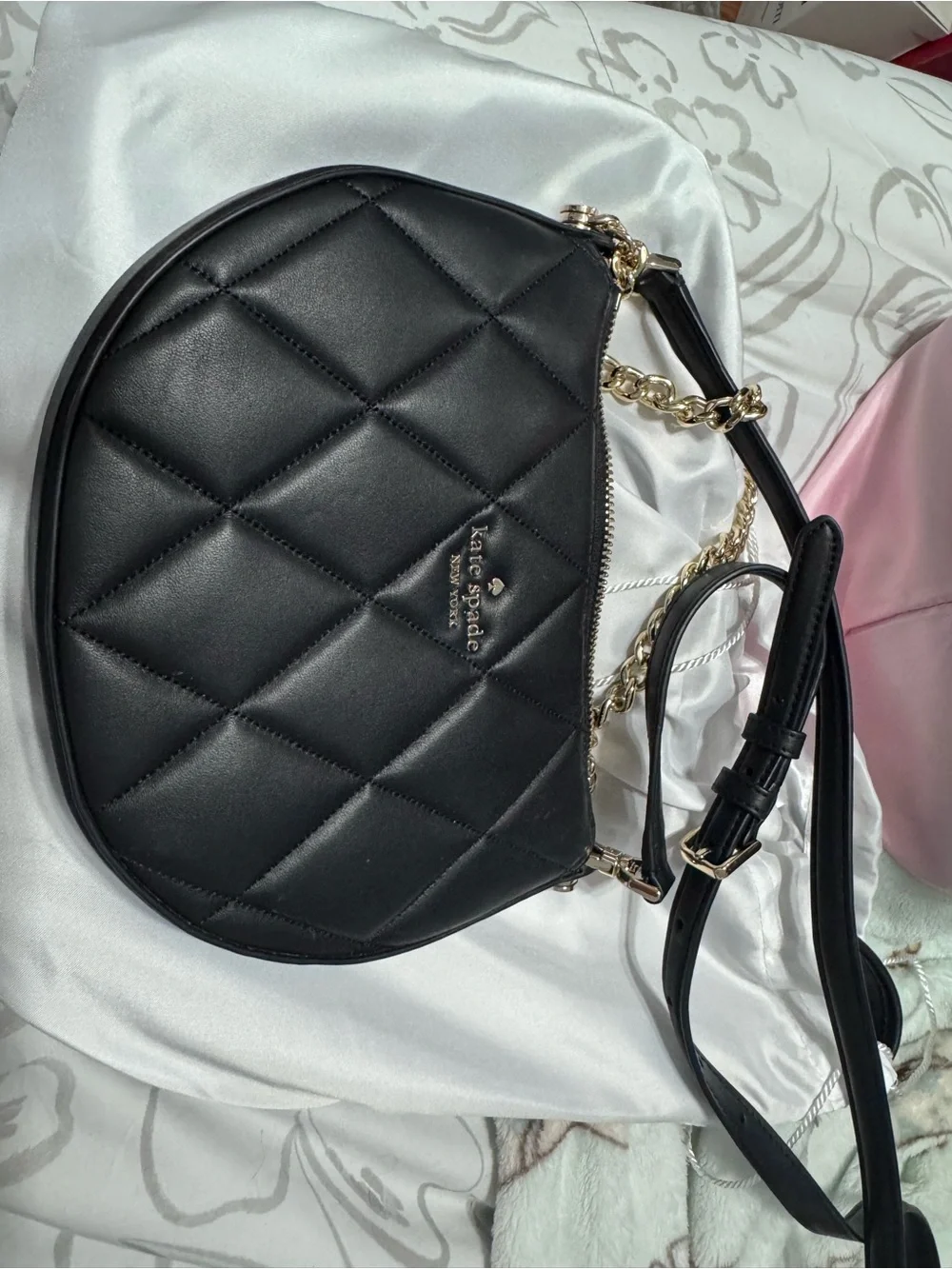 kate spade Black Quilted Leather Crescent Crossbody with Gold Chain